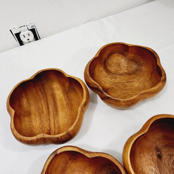 4x Dolphin Ginuwine Monkey Pod Wood Salad Serving Bowl Set Mid-Century Scalloped - Picture 9 of 14